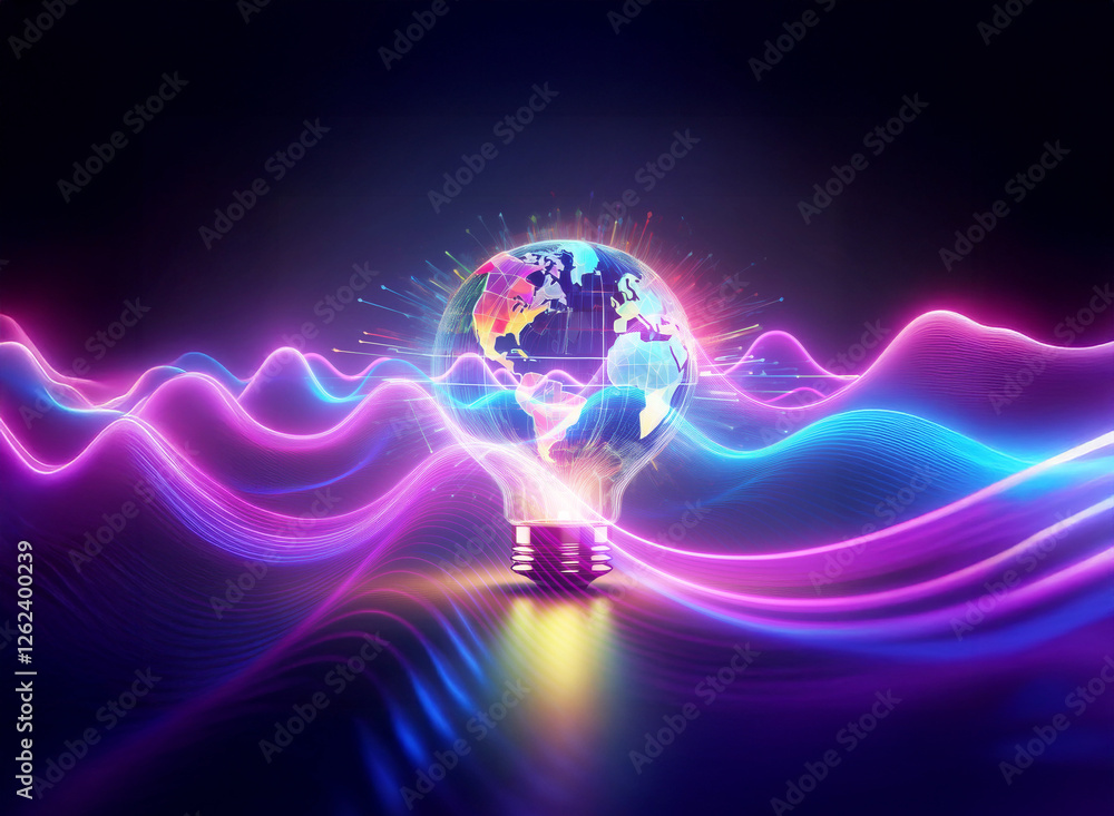 Obraz premium A double exposure image showing a globe inside a light bulb with colorful energy waves flowing around it in a dark setting. Bright and vibrant.