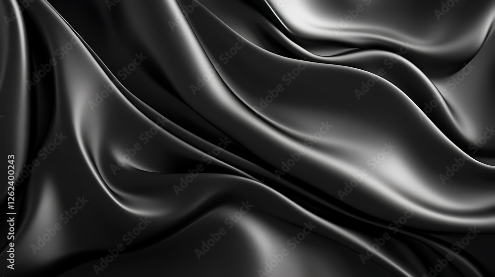Fototapeta premium Elegant black silk fabric drapes, studio shot, luxurious texture, background for design