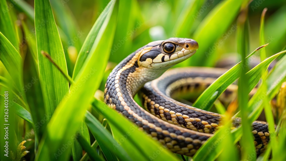 Detailed Close-Up of a Colorful Snake in Lush Green Grass Detailed Close-Up of a Colorful Snake in Lush Green Grass