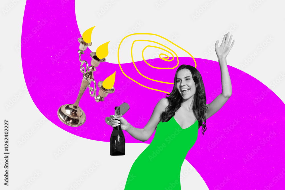 Creative trend design 3D collage sketch of young lady smile hand gesture hello hold bottle candle fire holiday beverage relax chill friday Creative trend design 3D collage sketch of young lady smile hand gesture hello hold bottle candle fire holiday beverage relax chill friday