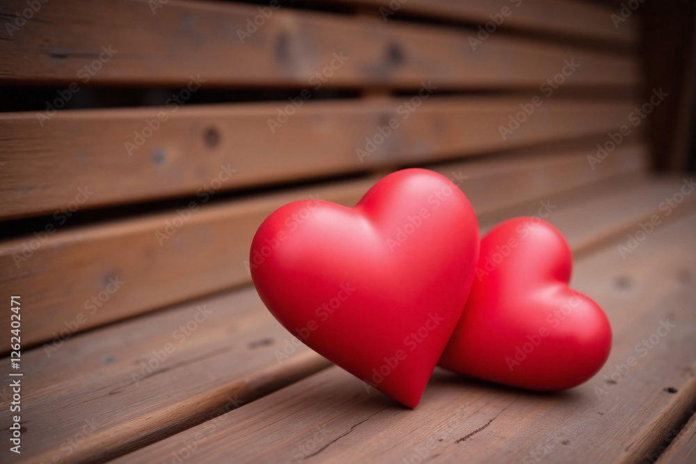 Wooden surface two overlapping red hearts with blurred background Wooden surface two overlapping red hearts with blurred background