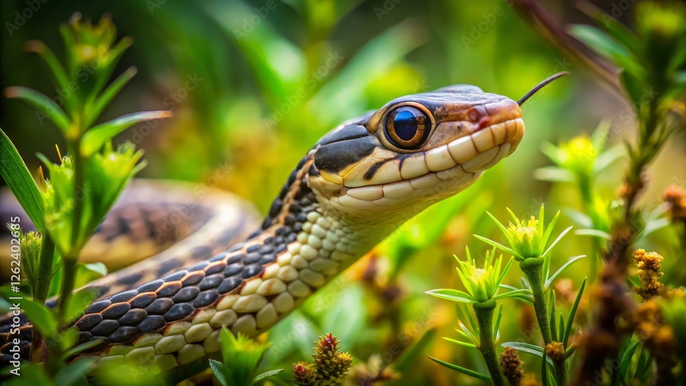 Close-Up of Colorful Snake Head Among Vibrant Green Plants Close-Up of Colorful Snake Head Among Vibrant Green Plants
