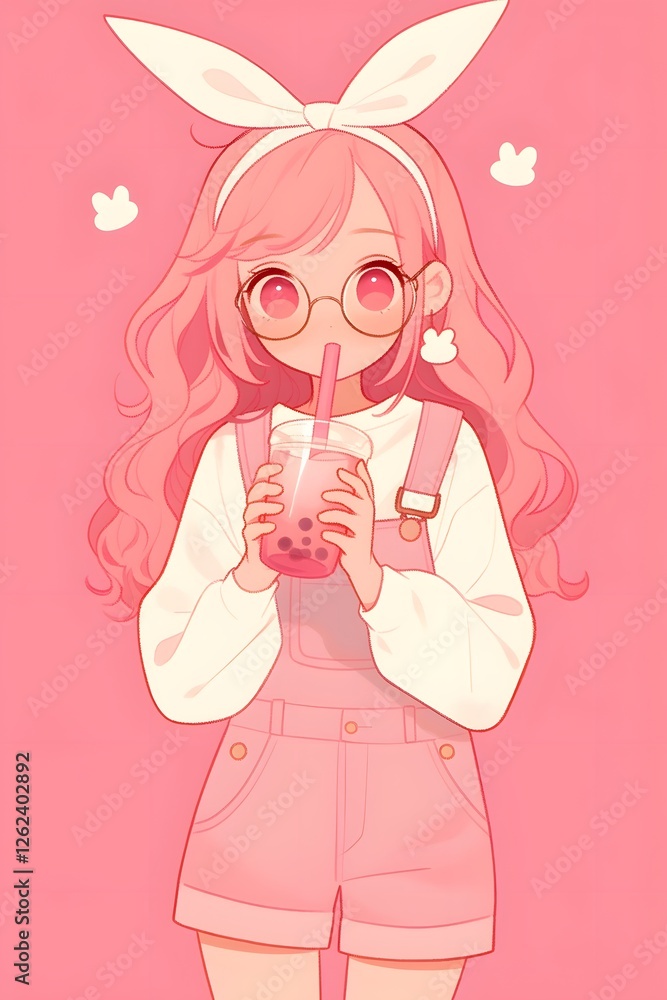 Cute girl in pastel overalls and bunny ears sipping bubble tea in cozy, kawaii aesthetic