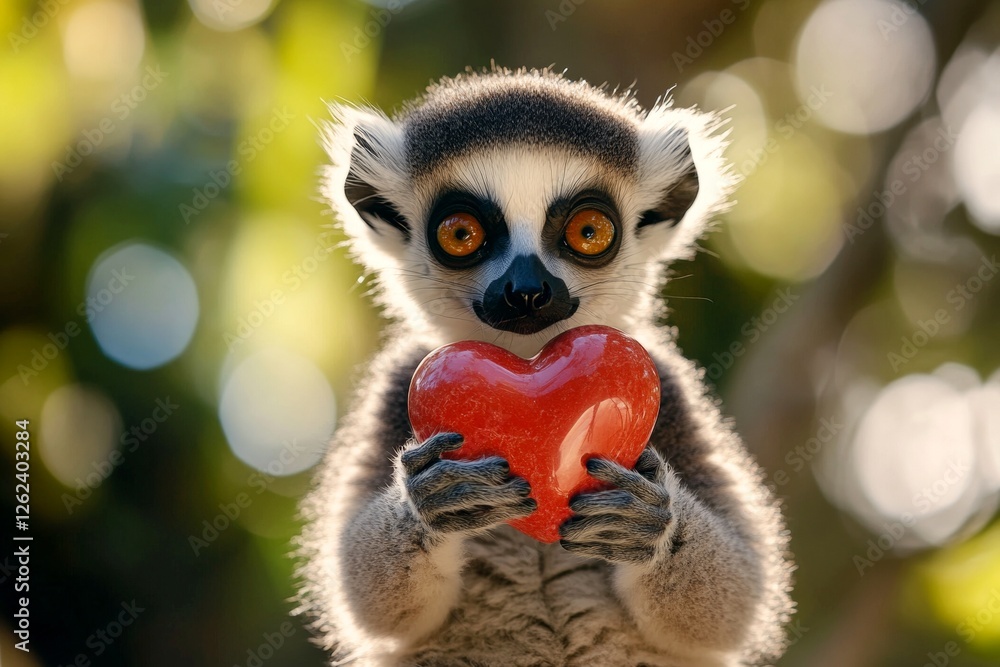 Fototapeta premium Cute lemur baby with diamond red heart on in a natural habitat. Digital ads animal idea. Lemur - my preferred animal. Love and care in nature. Heartfelt nature moment. Passion in the wild.