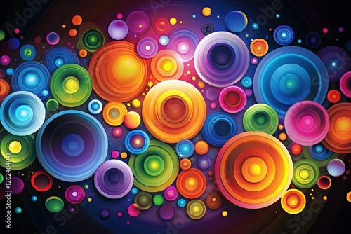 Abstract Colorful Circles Cascade Dark Background Playful Modern Design Stock Photo