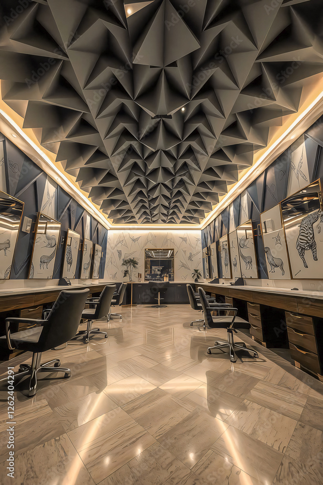 Obraz premium A modern salon interior with a geometric ceiling, integrated lighting, textured walls, large mirrors, sleek workstations, stylish chairs.neutral palette & ambient lighting create an elegant ambiance.