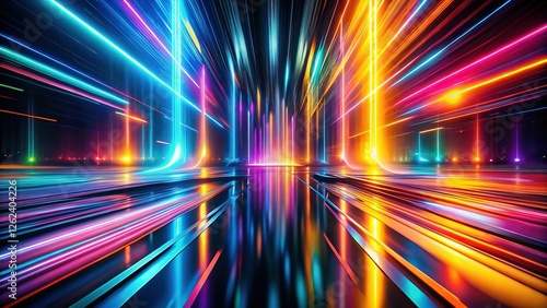 Abstract Neon Light Trails Flowing on Reflective Surface - Colorful Stock Photo