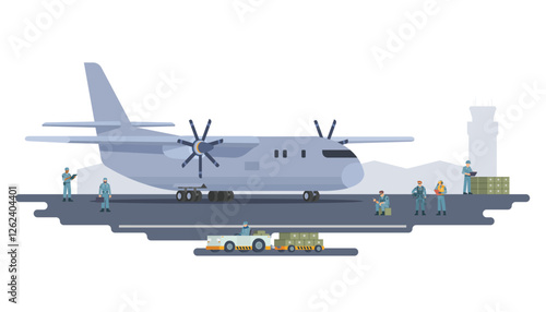 Vector illustration of military transport plane on ground. Fully editable vector elements