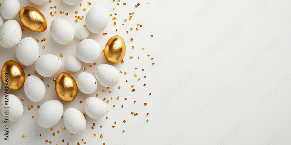 Easter-themed arrangement featuring white and golden eggs with delicate gold foil accents, creating a sophisticated and elegant composition for luxury branding and festive design project Easter-themed arrangement featuring white and golden eggs with delicate gold foil accents, creating a sophisticated and elegant composition for luxury branding and festive design project