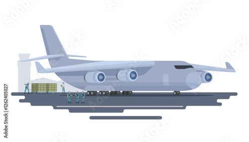 Vector illustration of military transport plane on ground. Fully editable vector elements