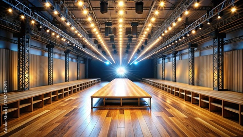 Empty Catwalk Runway Stage, Fashion Show Event,  Preparations, Backstage,  Spotlight