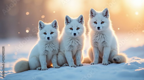 Three white foxes with glowing eyes in snowy landscape