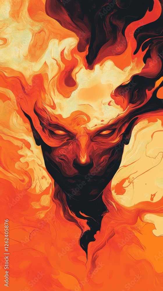 Fototapeta premium Fiery and intense face emerges from flames and shadows