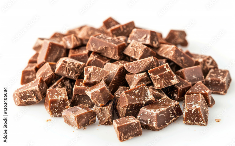 Chocolate pieces are isolated on a white backdrop, suitable for food advertising. Chocolate pieces are isolated on a white backdrop, suitable for food advertising.