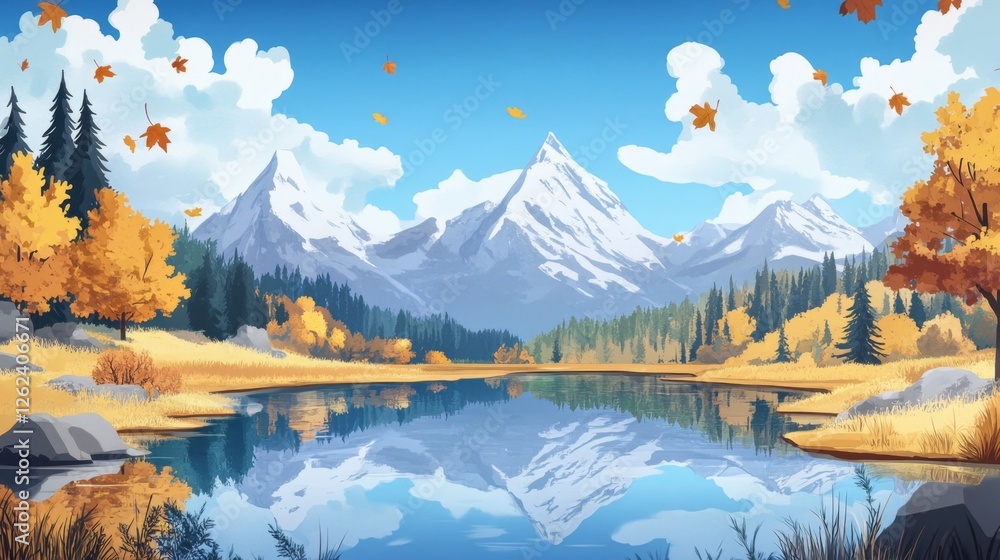 Obraz premium Serene Autumn Lake Reflecting Majestic Snowy Mountains Tranquil Fall Landscape Scenery