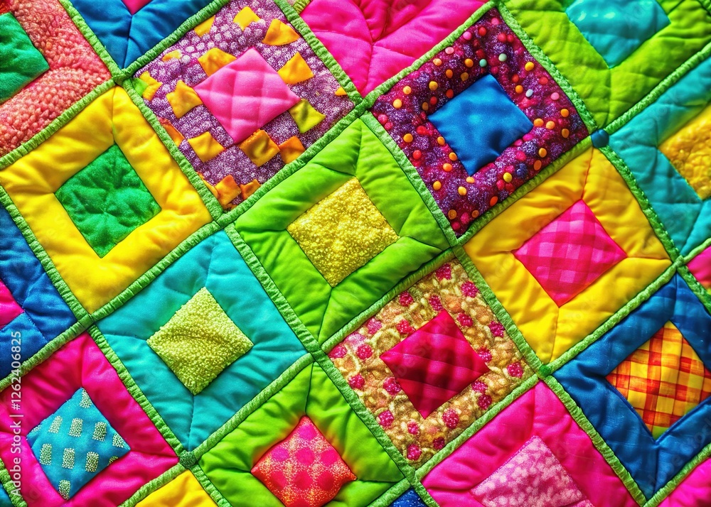 Fototapeta premium Vibrant Neon Patchwork Quilt Background Stock Photo