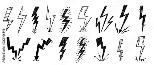 Lightning thunder stroke doodle scribble grunge pencil set. Simple Drawing charcoal textured elements.
