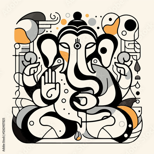 Ganesha, the Remover of Obstacles: A minimalist and modern illustration of the Hindu deity Ganesha, rendered in black, white and orange against a warm beige background.