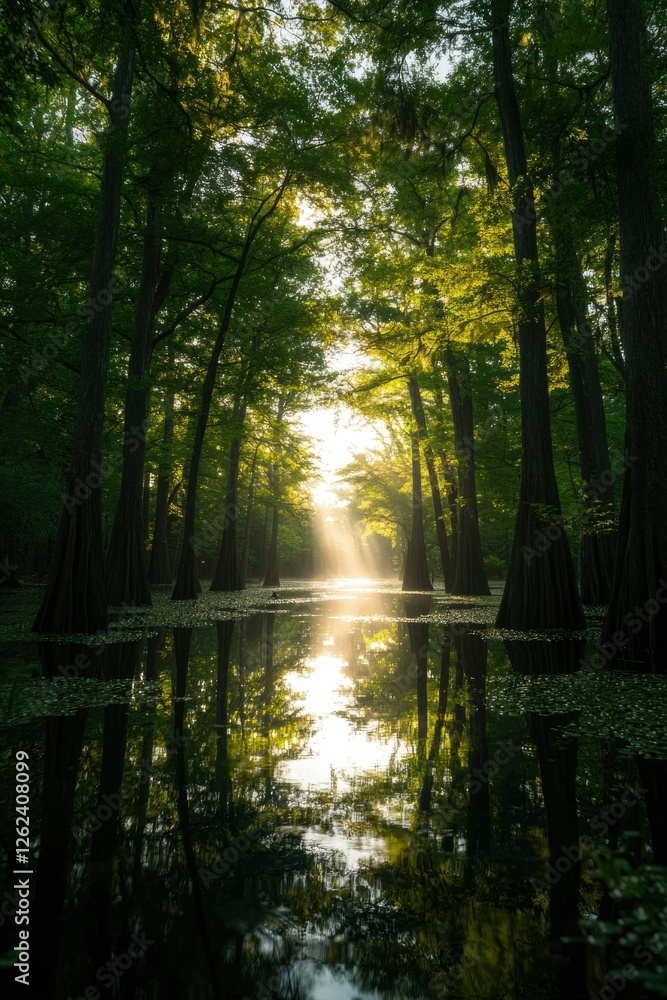 Obraz premium Sunlight floods bayou with trees reflecting in water, creating a scenic landscape