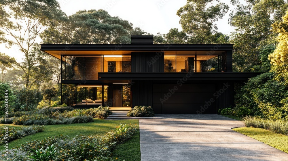 Modern black house, forest setting, sunset, driveway, architecture rendering Modern black house, forest setting, sunset, driveway, architecture rendering