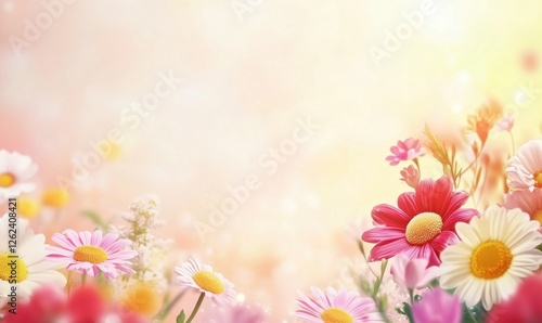 Colorful spring flowers blooming in soft pastel background with warm sunlight