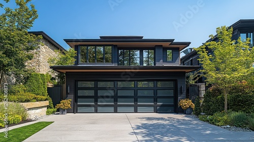 Modern black house, sunny suburb, landscaping, driveway, real estate photo