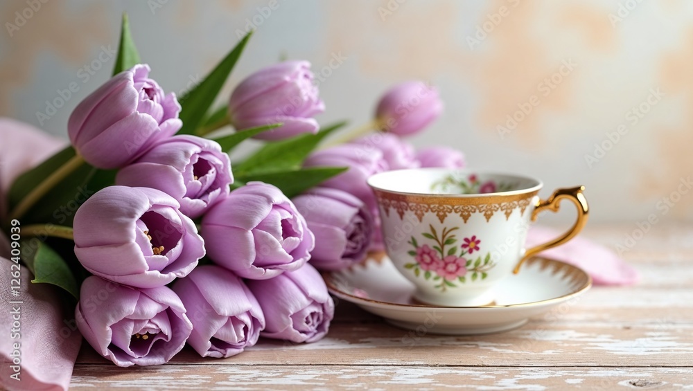 Lilac Tulip Bouquet with Silk Ribbon and Antique Porcelain Teacup, Vintage Elegance, Soft Pastel Tones Lilac Tulip Bouquet with Silk Ribbon and Antique Porcelain Teacup, Vintage Elegance, Soft Pastel Tones