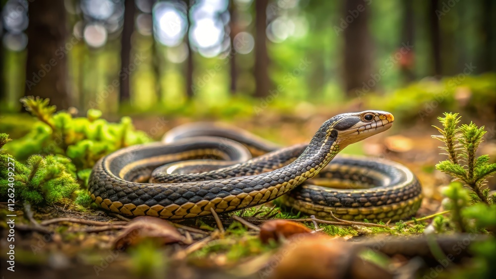 Obraz premium Close-up of a Snake Slithering Through Lush Forest Floor