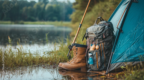 Fishing camping retro poster or fisherman equipment and tackles. Vector vintage design of tent, rubber boots or waders and fisher haversack or backpack with baits and bobbers or rod for fish catch photo