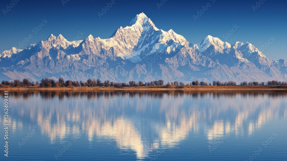 Naklejka premium Majestic mountain range reflected in calm lake, serene autumn landscape