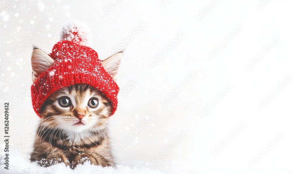 Cute kitten wearing red knitted hat in snowy winter setting with falling snowflakes Cute kitten wearing red knitted hat in snowy winter setting with falling snowflakes