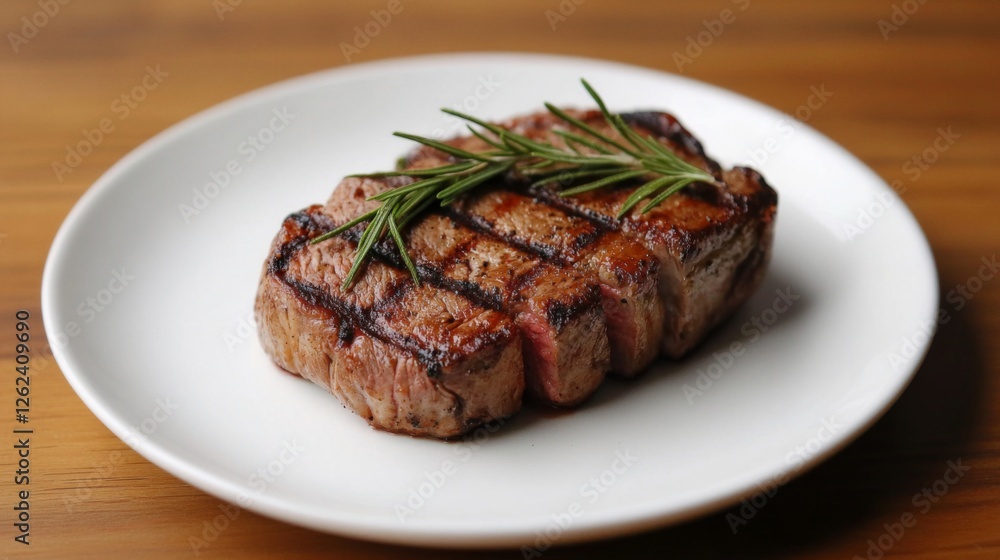 Grilled steak rosemary garnish, wood table, food photography, restaurant menu Grilled steak rosemary garnish, wood table, food photography, restaurant menu