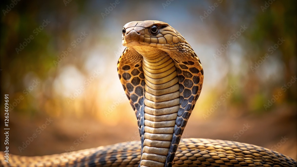 Fototapeta premium Majestic Cobra with Hood Raised Against a Soft Natural Background