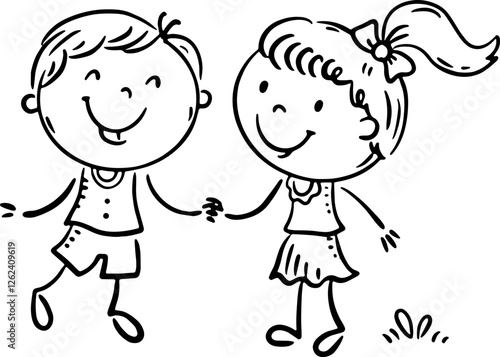 Hand drawn happy children holding hands, outline vector illustration