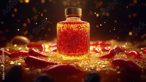 Spicy bottle surrounded by chili peppers on golden glitter background photo