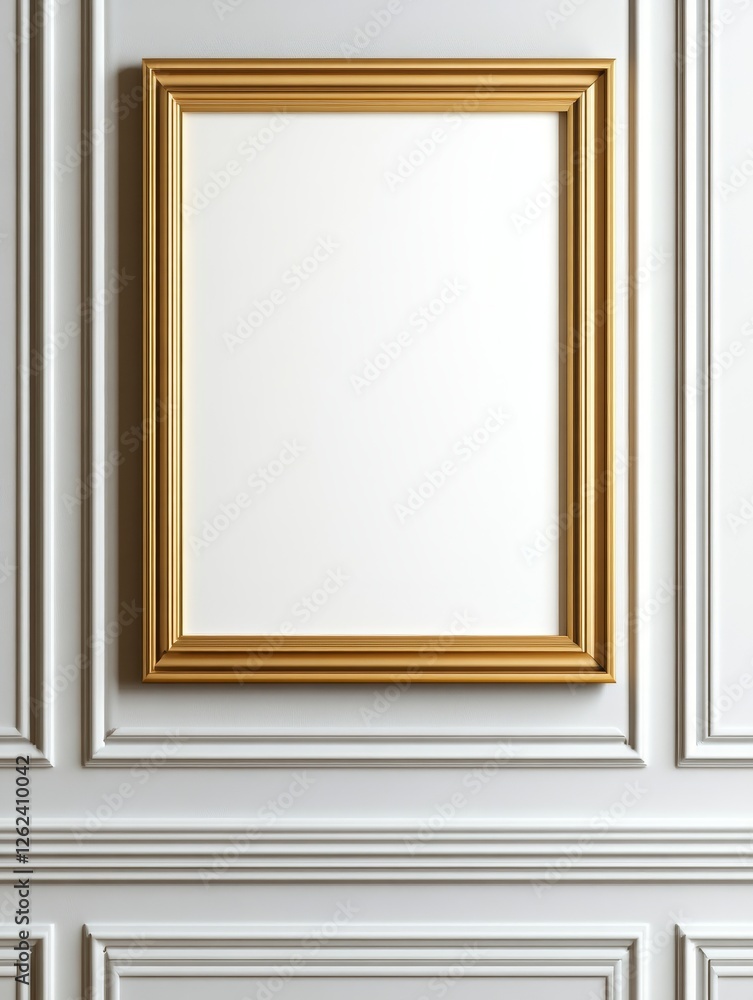 Elegant empty gold frame on a white wall, showcasing classic interior design with intricate details Elegant empty gold frame on a white wall, showcasing classic interior design with intricate details