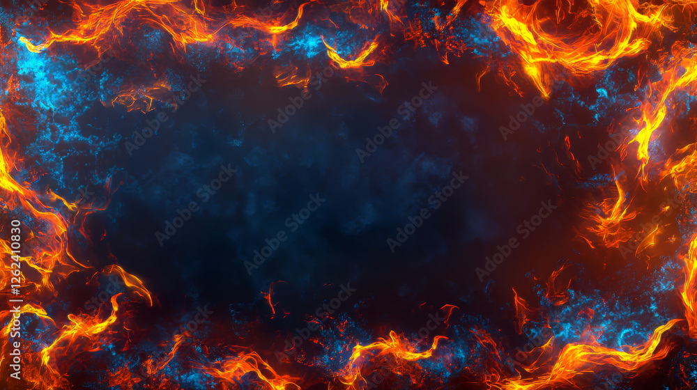 Gas and fire burning flame frames, vector rectangular borders with blue and orange blaze. Realistic burn glowing flame tongues on frame edges. 3d flare, burned holes, isolated blazing borders set Gas and fire burning flame frames, vector rectangular borders with blue and orange blaze. Realistic burn glowing flame tongues on frame edges. 3d flare, burned holes, isolated blazing borders set
