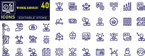 Set of outline icons related to workaholic. Busy, rushed, burnout, tired, overworked and more. 