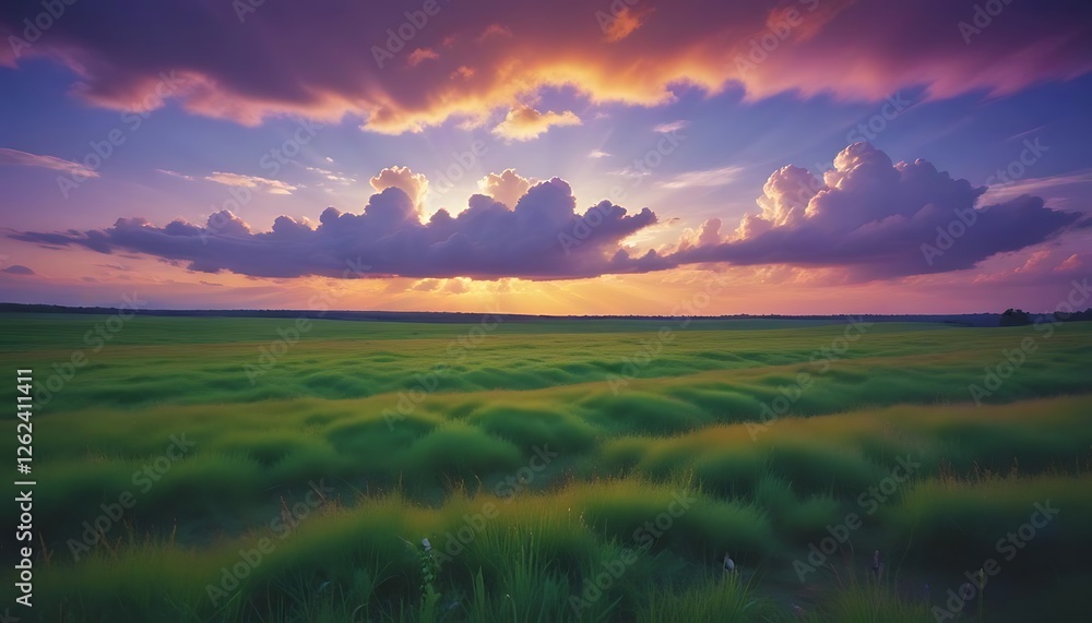 Obraz premium Sunset over a Vibrant Green Field with Dramatic Clouds