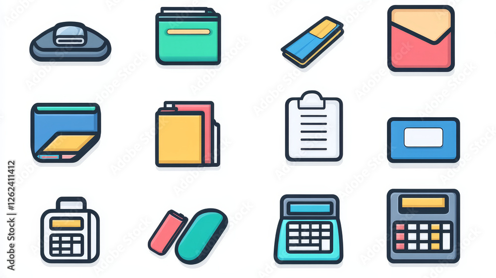 Flat office supply icons with a computer mouse, files, telephone, printer, calculator, PDA, folder, paper clip and a desktop calendar for application design Flat office supply icons with a computer mouse, files, telephone, printer, calculator, PDA, folder, paper clip and a desktop calendar for application design