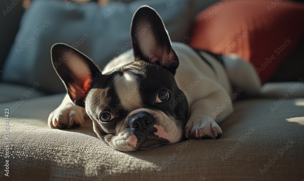 French bulldog relaxing on couch in warm sunlight with cozy home decor French bulldog relaxing on couch in warm sunlight with cozy home decor