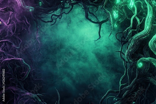 Enigmatic Glowing Tree Roots in Mystical Fog - Fantasy Background