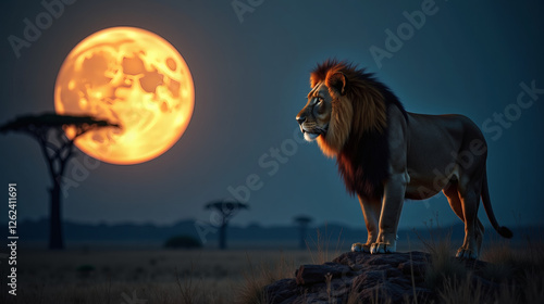 Lion standing on rock under full moon in African savanna