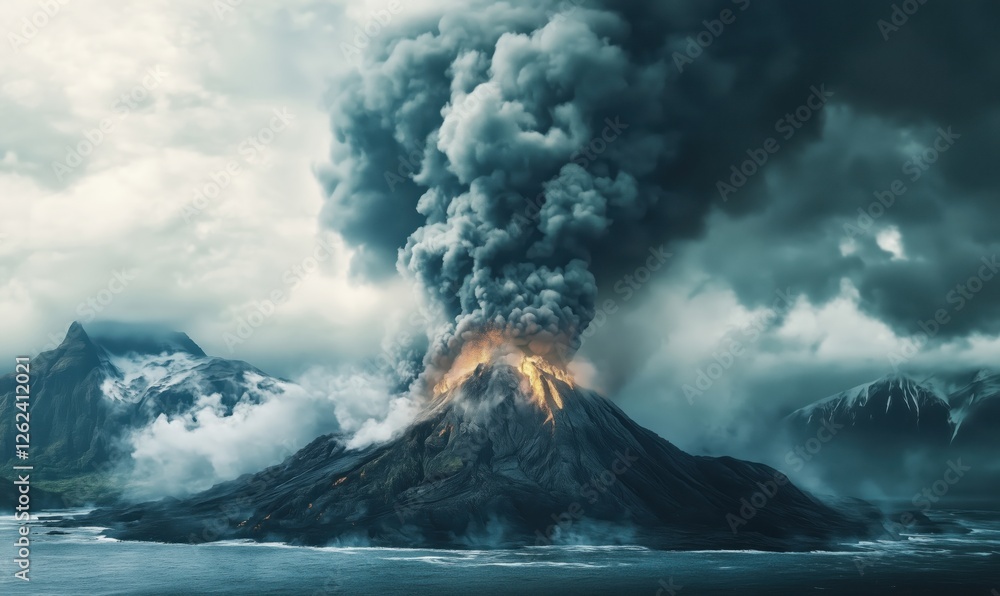 Erupting volcano spewing ash and lava with dramatic clouds and mountainous landscape Erupting volcano spewing ash and lava with dramatic clouds and mountainous landscape