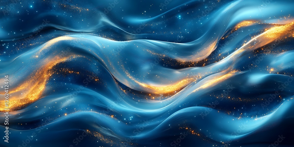 Obraz premium Abstract cosmic waves, gold energy flow, dark blue background, digital art, website design