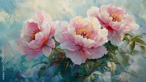 Fototapeta Naklejka Na Ścianę i Meble -  Beautiful pink peonies bloom against a soft blue background in a vibrant spring garden