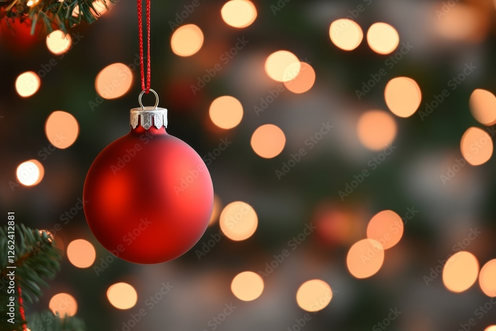 Red holiday ornament hanging on a Christmas tree with blurred lights in the background Red holiday ornament hanging on a Christmas tree with blurred lights in the background