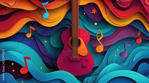 Vibrant Abstract Guitar Music Background with Paper Cut Style Waves and Musical Notes