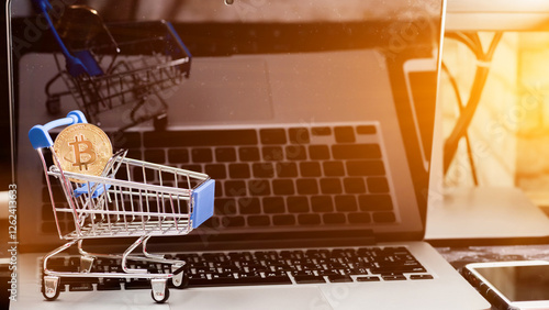 close up of Bitcoin money mining connect Internet Network 