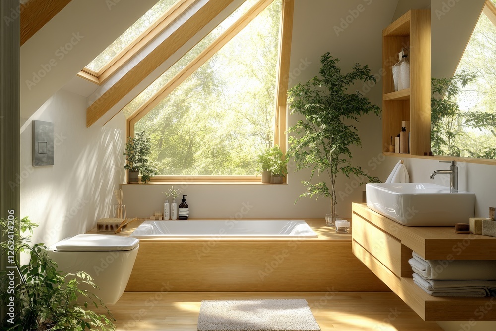 Fototapeta premium Modern bathroom with large windows and greenery creating a serene atmosphere in a bright, inviting space